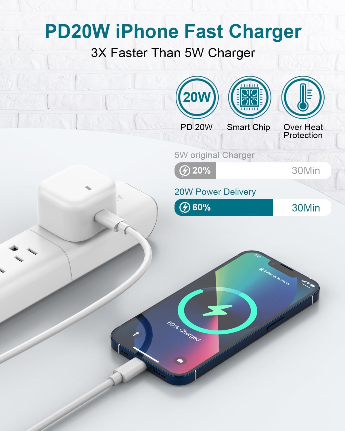 Detalle 2 de iPhone Fast Charge 20W USB-C Plug & 2m Cable (MFi Certified) – Safe, Longer Lead for iPhone 8 to 14 Series
