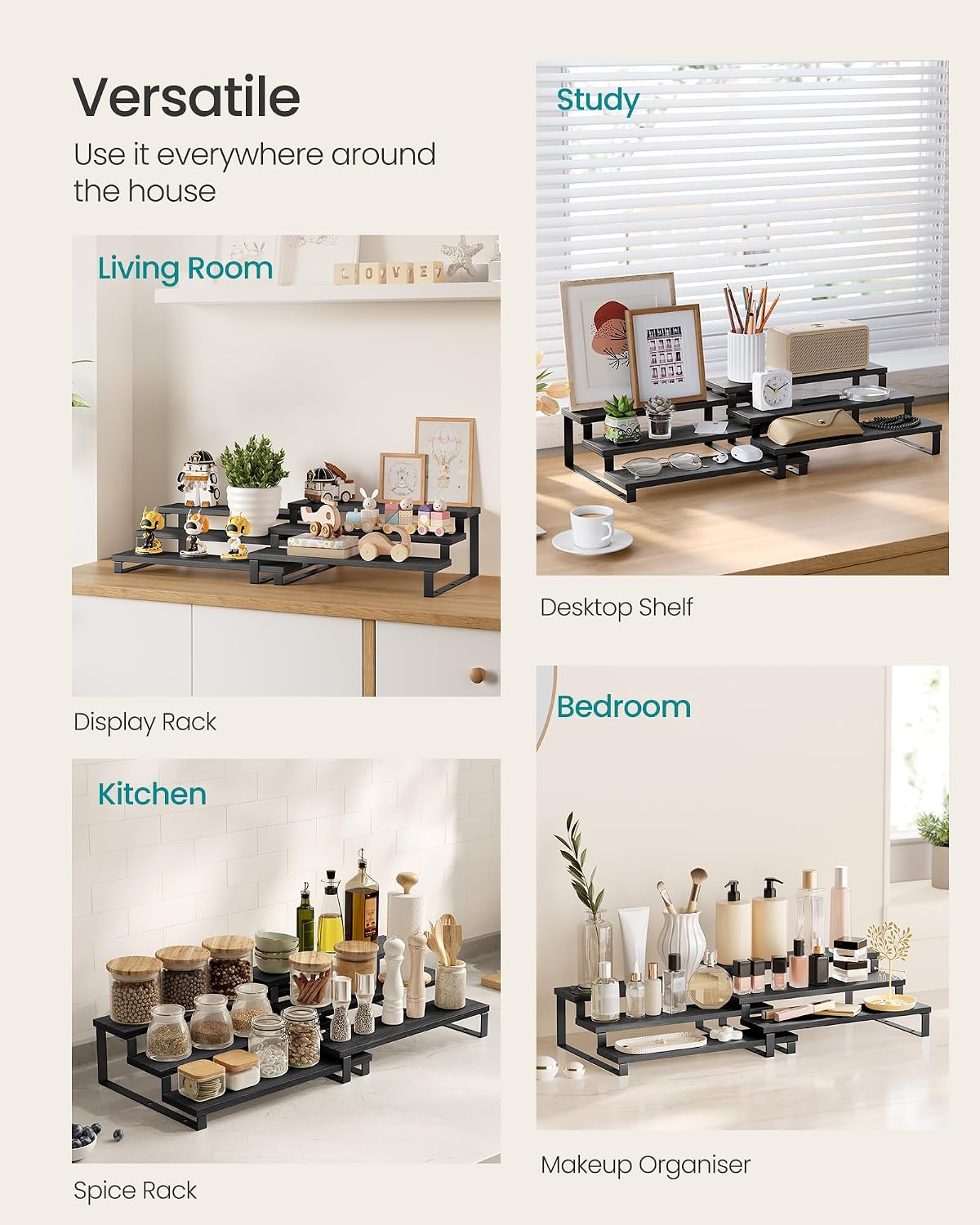 Thumbnail 4 de SONGMICS KCS116B01 3-Tier Extendable Spice Rack Set of 2, Ebony and Matte Black