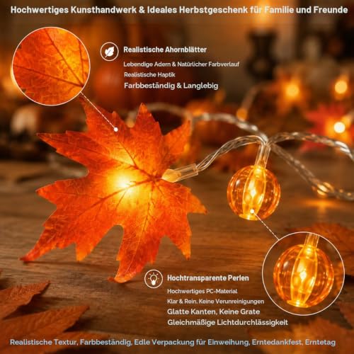 Detalle de LakiHomi Herbst Dekoration | 3 m LED-Lichterkette mit Ahornblättern und Kürbisperlen (20 LEDs, Timer)