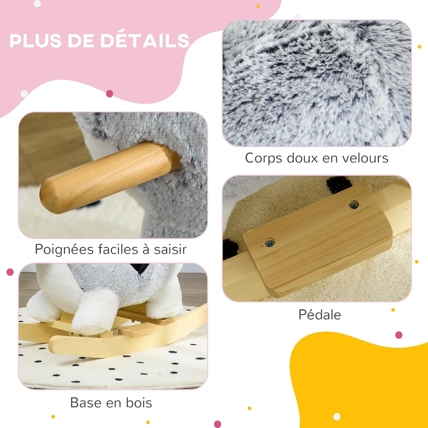 Detalle 1 de HOMCOM 330-162V00GY Husky-schommelstoel voor peuters met geluid en veiligheidsgordel