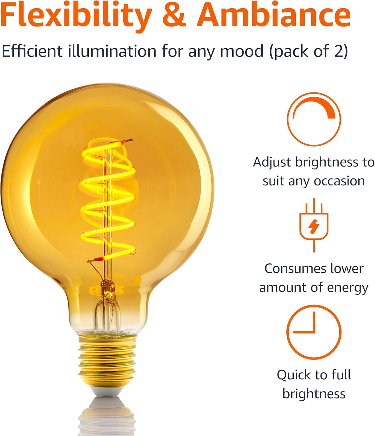 Thumbnail 2 de Amazon Basics E27 Vintage LED Bulb (G93) – 4W Ultra Warm Amber Glass, Pack of 2