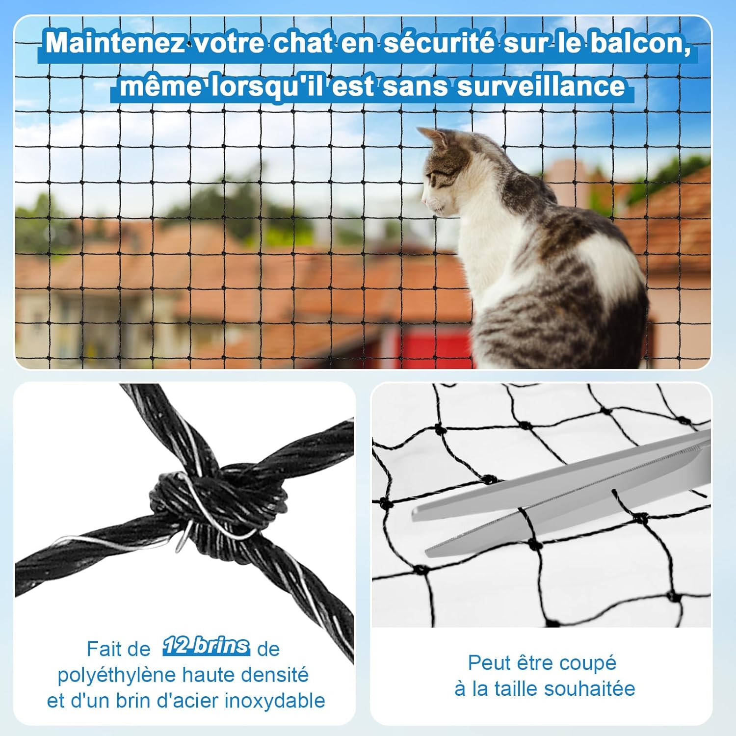 Detalle de Aystkniet Filet Balcon Renforcé – filet de protection chat multi-tailles (2×3 m à 16×3 m, 3×2 m etc.)