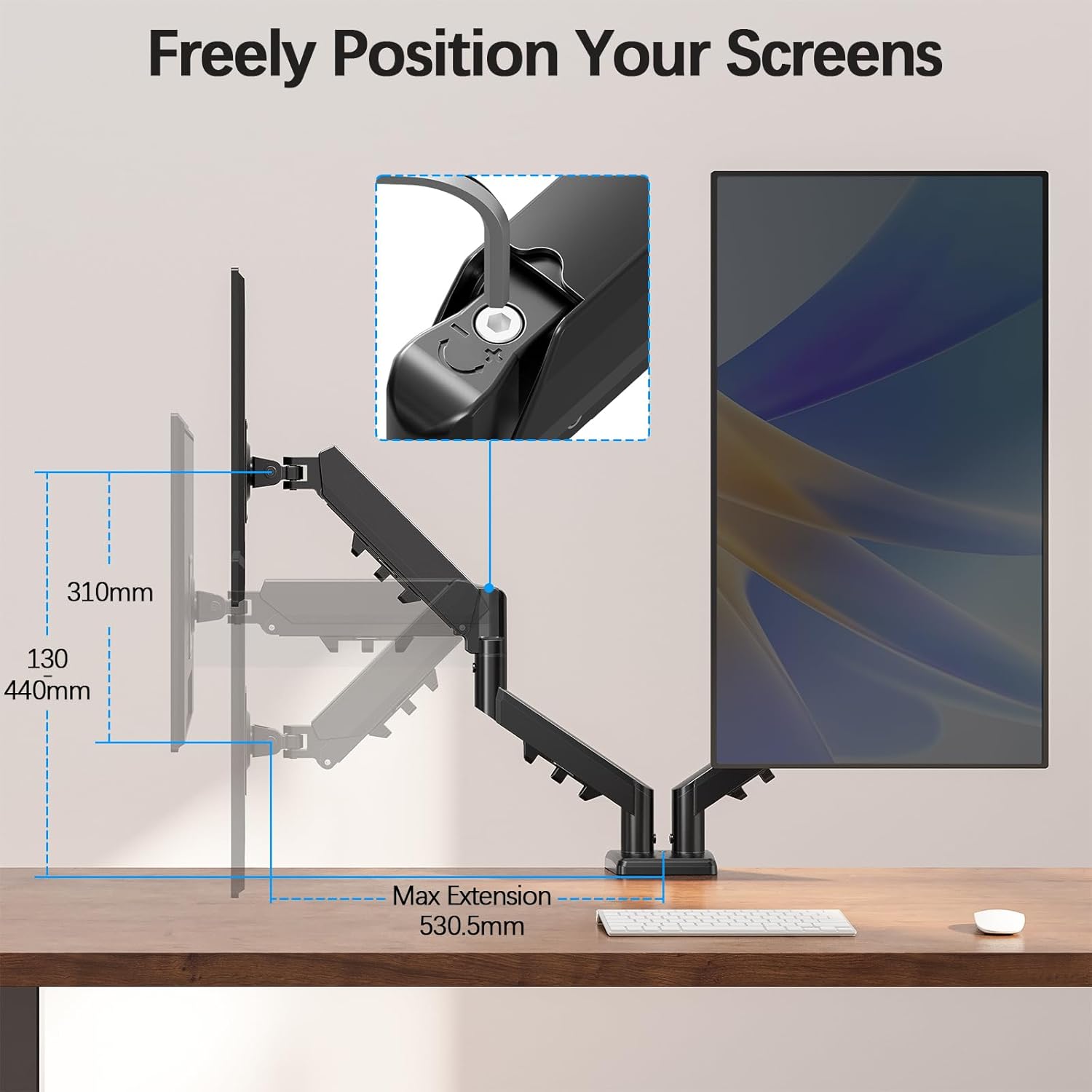 Detalle de MOUNTUP Dual Monitor Halterung für 13–32 Zoll EU8014B – höhenverstellbar, neigbar, schwenkbar (VESA 75/100)