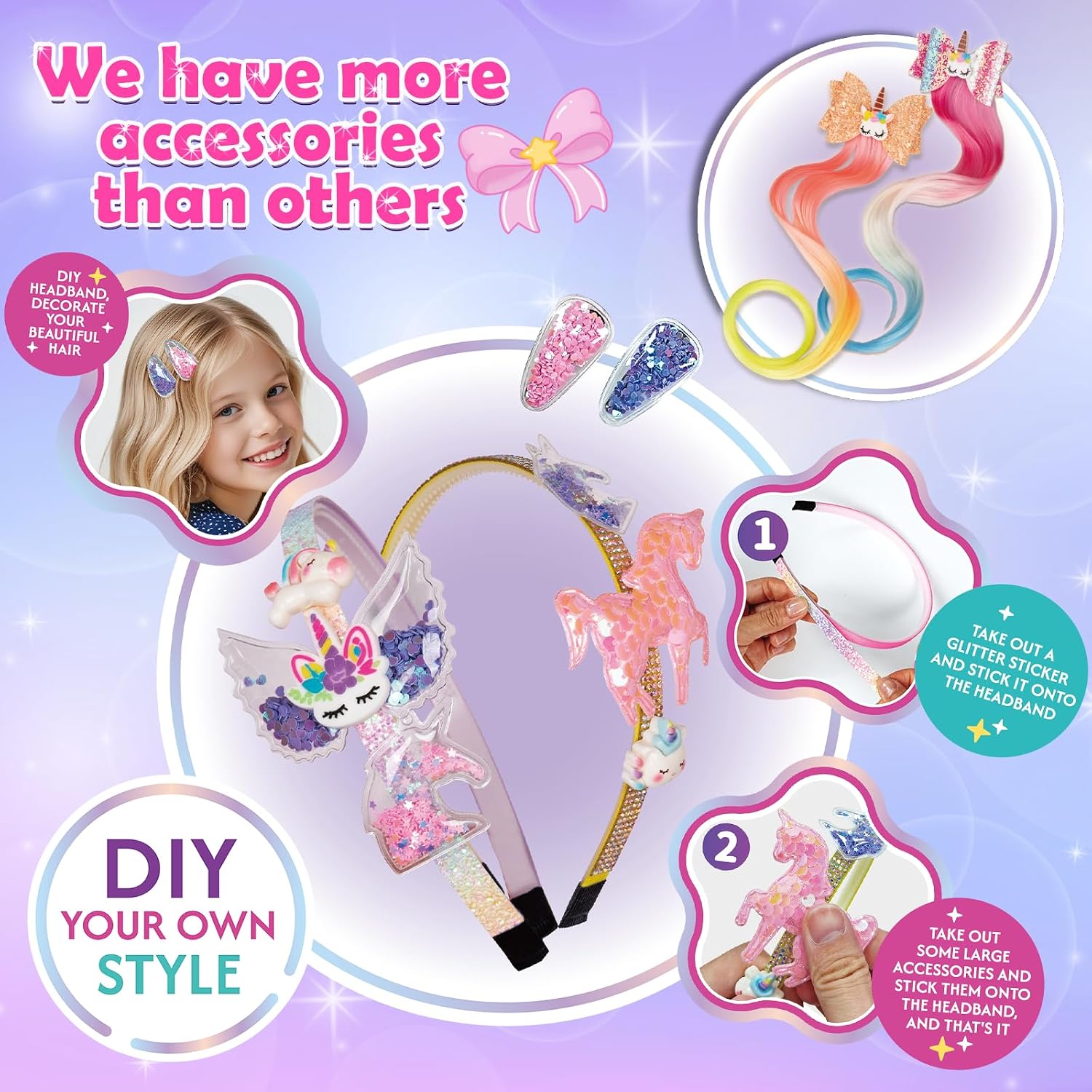 Detalle de Hzitcigm Regali Bambine 5–12 Anni: Kit intrecci capelli con accessori unicorno e perline