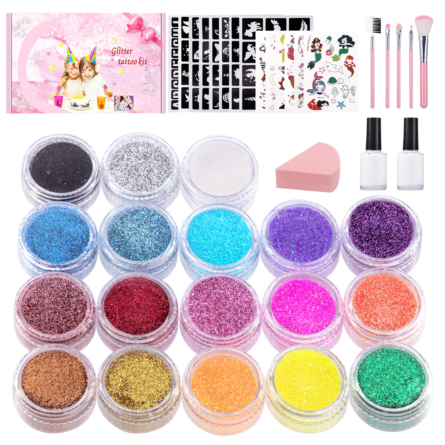 Glitzer Tattoo Set Kinder – 18 Glitzerfarben, 115 Schablonen, 5 Pinsel, 2 Kleber