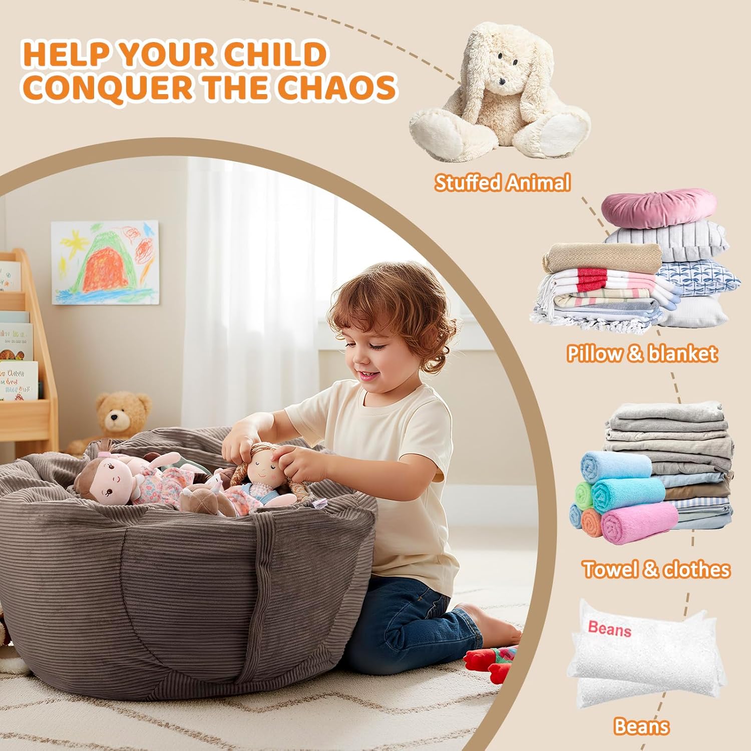 Thumbnail 4 de GAGAKU Pouf di peluche XXL 60x60 cm – fodera per riempire e organizzare giocattoli in cameretta