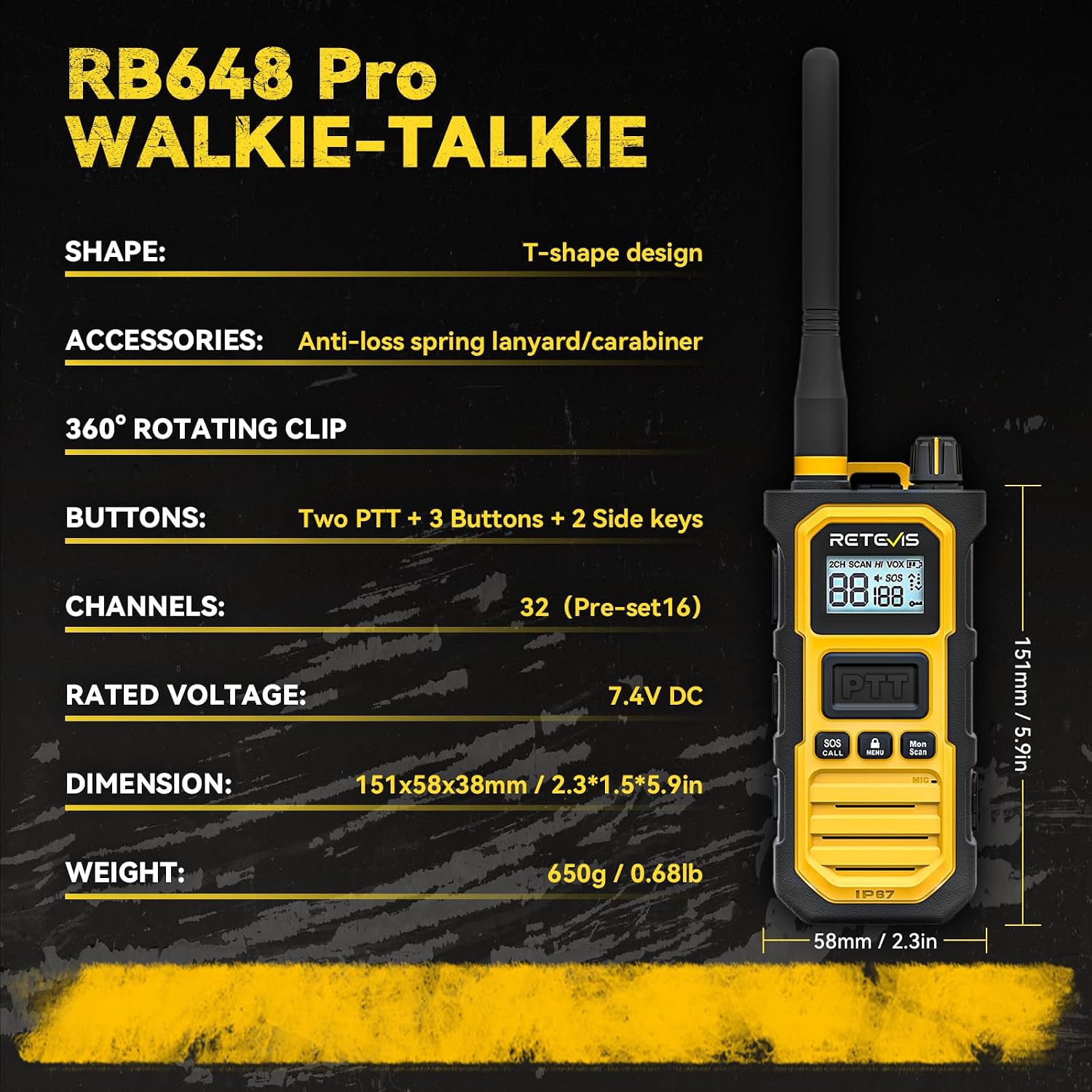 Thumbnail 2 de Retevis RB648 Pro Long Range Walkie Talkie (4-Pack) – IP67, 2800mAh, VOX, Intelligent Audio for Construction