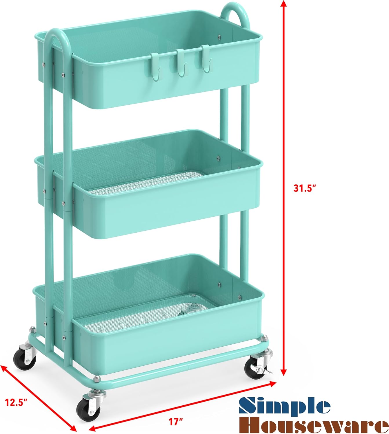 Thumbnail 5 de Simple Houseware CB-10C-T 3-Tier Metal Utility Cart, Turquoise