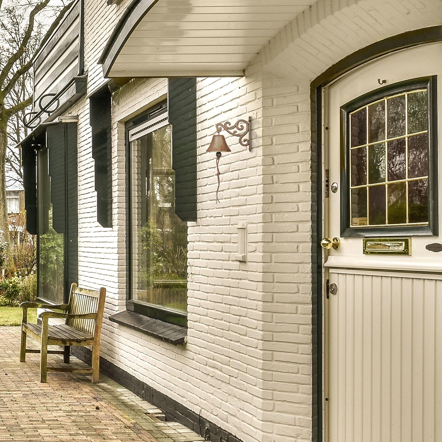 Detalle de Relaxdays 10044899 gietijzeren buitenbel met koord, bruin retrodesign