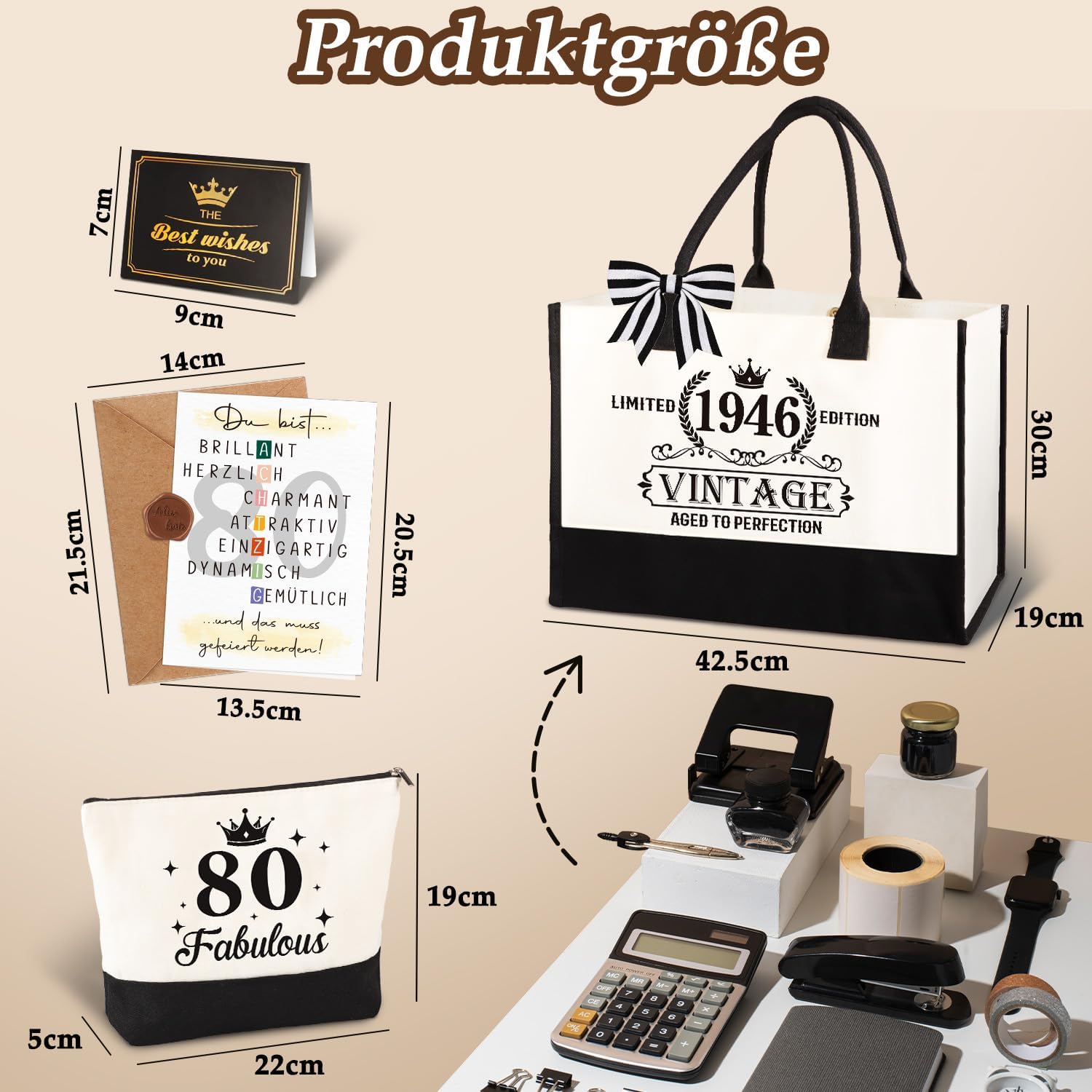 Detalle de Giftota 80. Geburtstag Geschenkset für Frauen: Vintage 1946 Canvas-Tragetasche, Kosmetiktasche & Grußkarte
