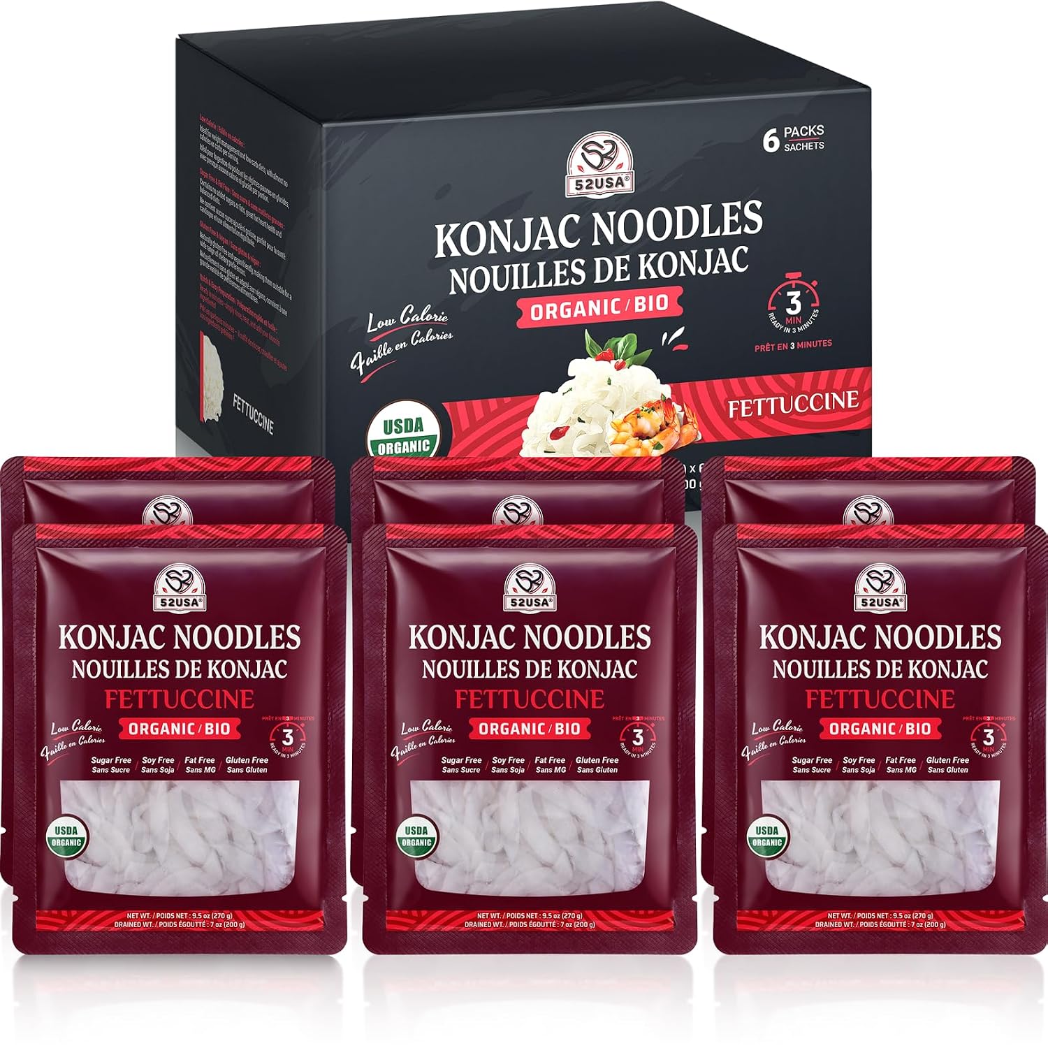 Detalle de 52USA SOE-KNA-006-668 Organic Konjac Fettuccine Noodles, Ready-to-Eat 6-Pack