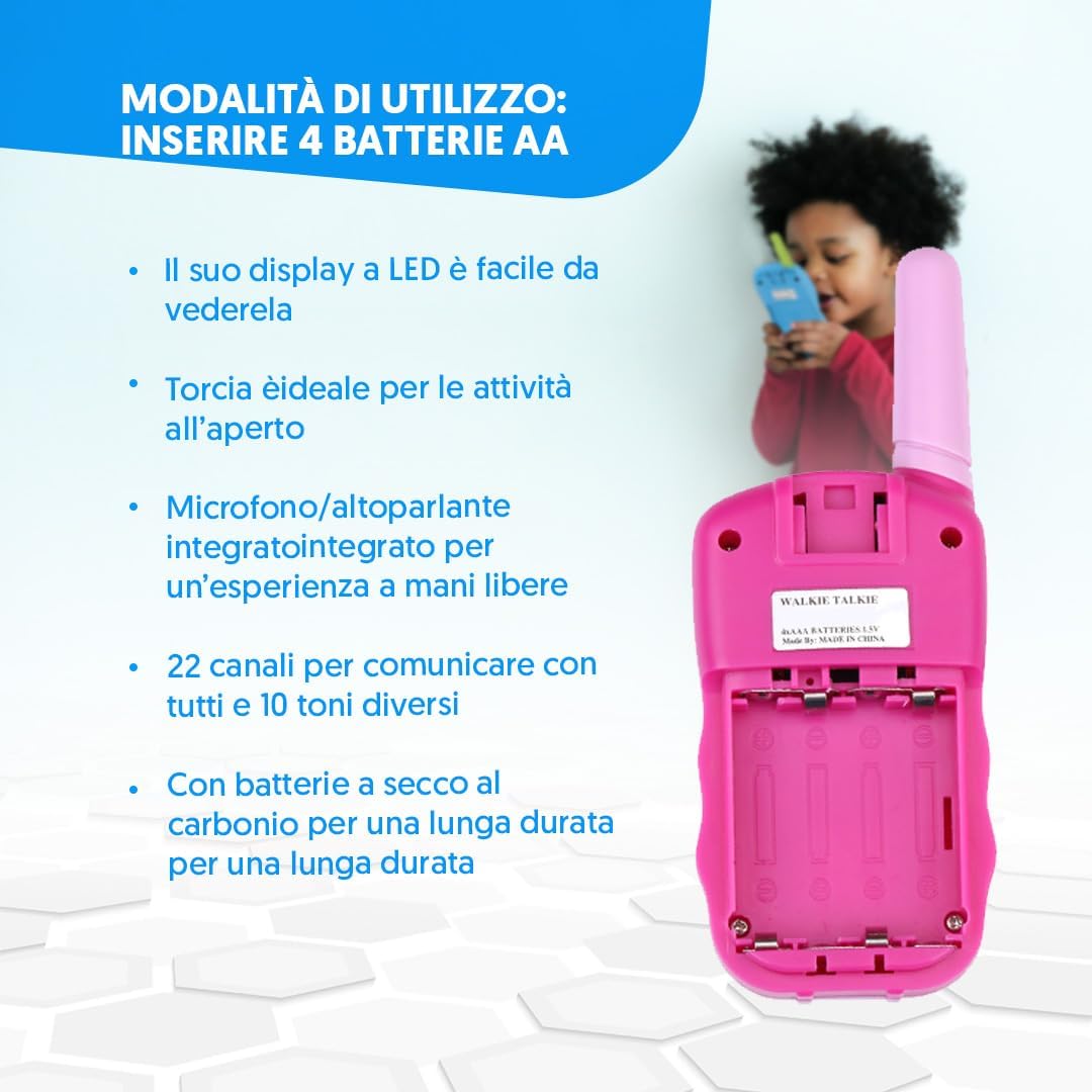 Thumbnail 5 de NK Walkie-Talkie per bambini 4-9 anni con batterie incluse, 22 canali e torcia LED (rosa/viola), portata fino a 3 km