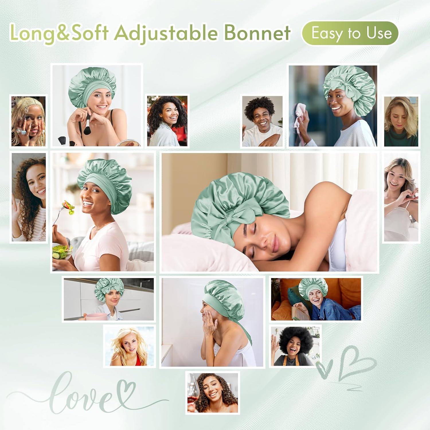 Detalle de Bonnet Queen Silk Bonnet for Sleeping Women (Sage Green) — Adjustable Tie Band Satin Night Cap for Curly Hair