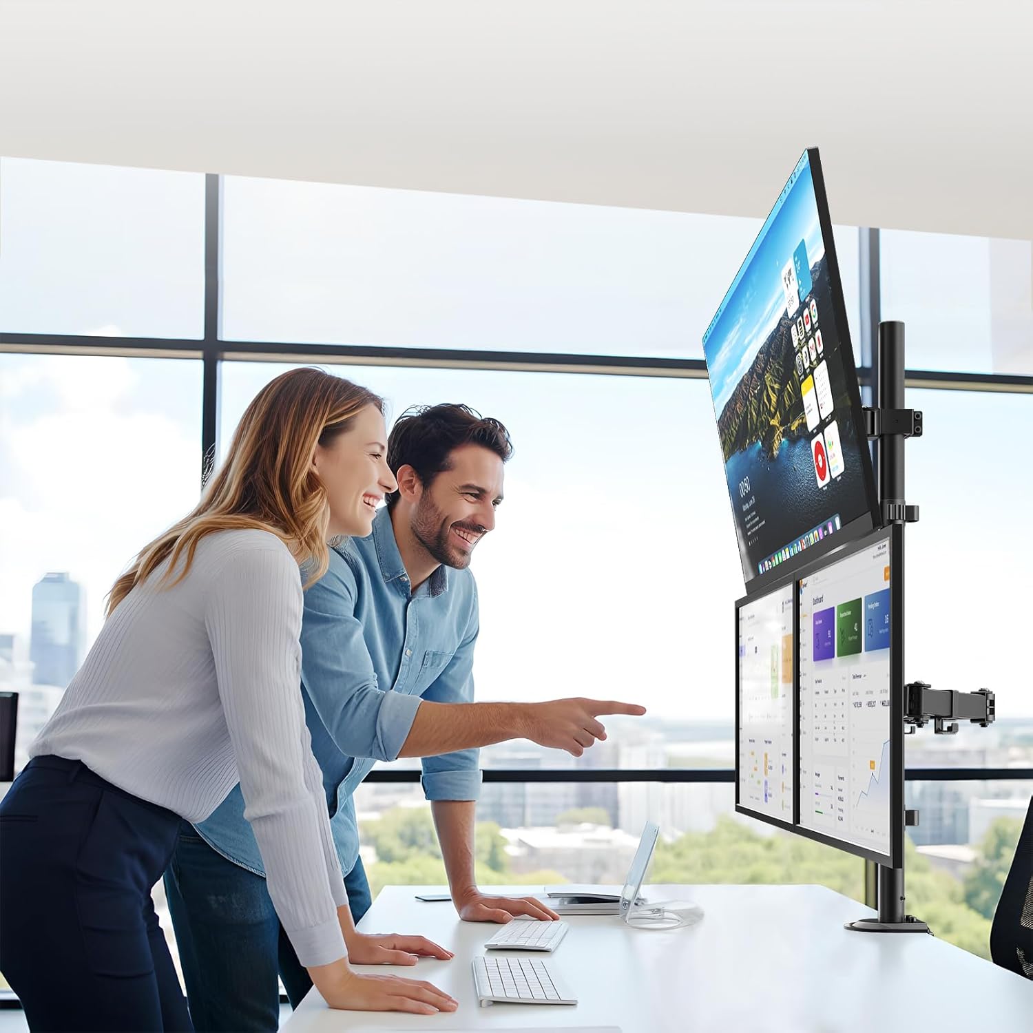 Thumbnail 3 de Triple Monitor Arm for up to 49" Ultrawides with 32" Pole – Heavy Duty Mount for 3 Screens (Top + Side Brackets), VESA 75/100, Black