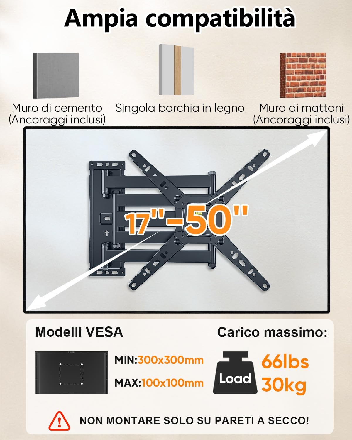 Detalle 2 de Supporto TV Parete con Braccio Articolato Extra Lungo 1035 mm – 17–50 pollici, fino a 30 kg, VESA 300×300