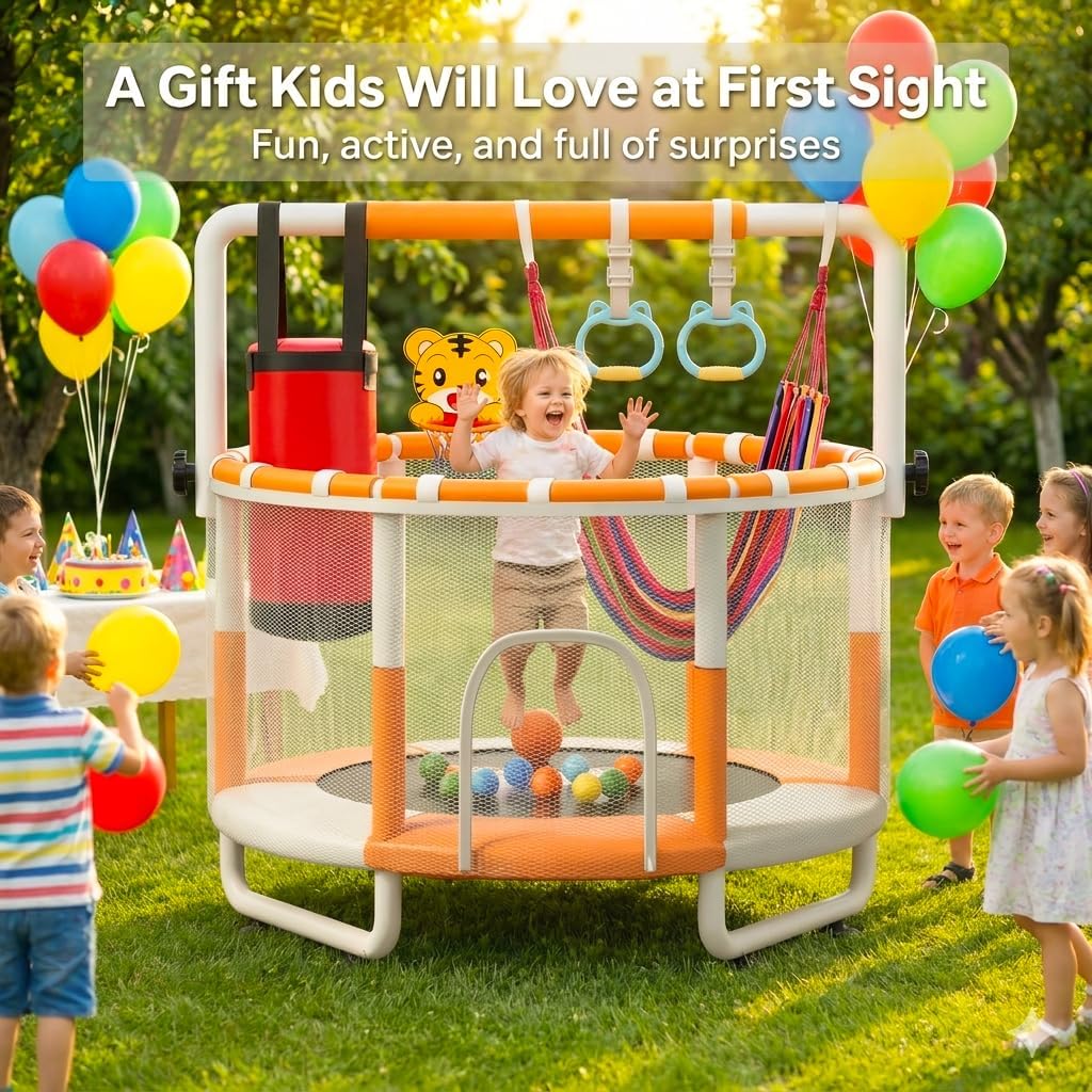 Thumbnail 6 de KINETRA 55" Kids Indoor Trampoline with Safety Net, Adjustable Gymnastics Bar & Toys (Ages 3+)