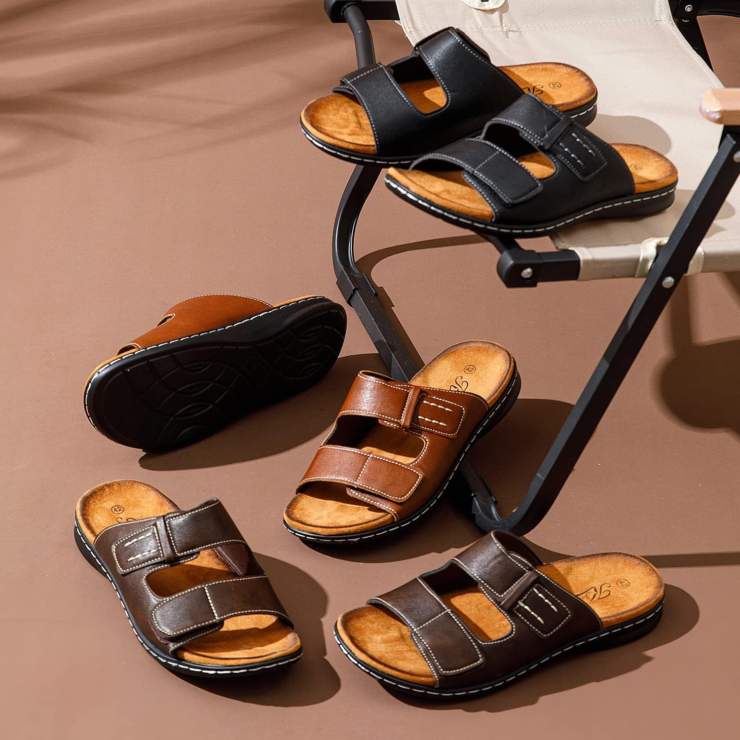 Detalle 2 de JOMIX Sandales Homme en cuir avec Scratch – Tongs polyvalentes pour plage et extérieur