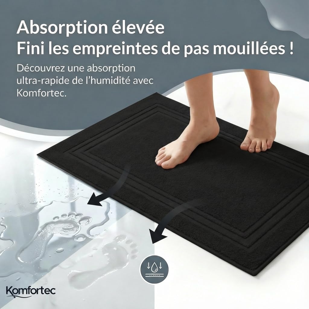 Thumbnail 2 de Komfortec Lot de 2 Tapis de Bain en coton absorbant 600 g/m², Noir 50 x 70 cm