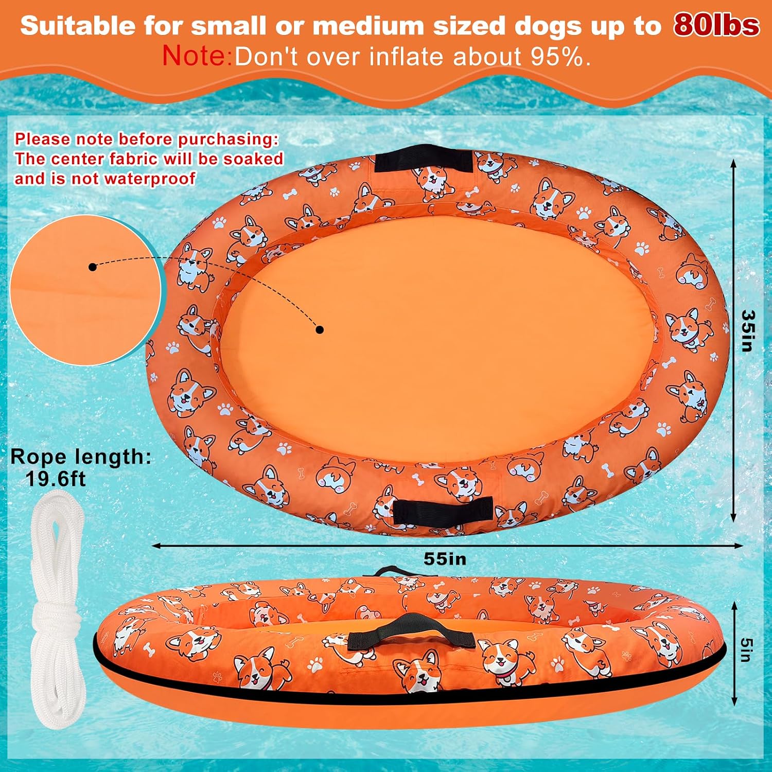 Detalle 2 de 55 x 35 Inch Inflatable Dog Pool Float with Rope – Pet Lake Raft for Small to Large Dogs