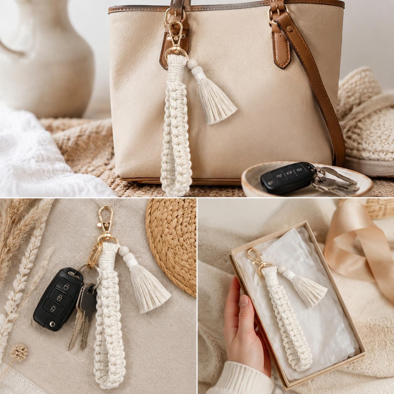 Detalle de CHUQING Lot de 2 porte-clés en macramé fait à la main – blanc, 15 cm