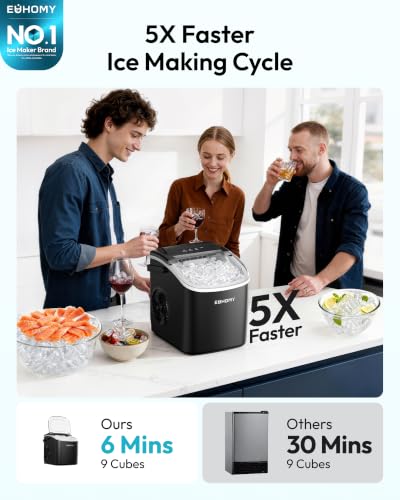 Detalle 2 de EUHOMY Countertop Ice Maker Machine with Handle (Black) – 26lbs/24H, Bullet Ice in 6 Minutes