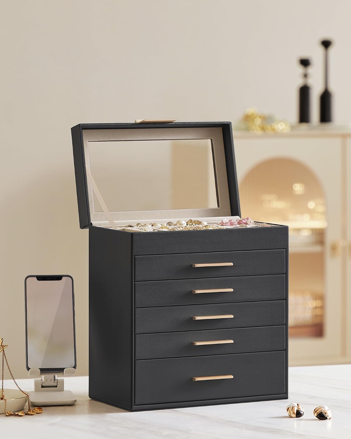 Detalle de SONGMICS JBC171B01 Gisella 6-tier jewellery box with glass lid and velvet lining