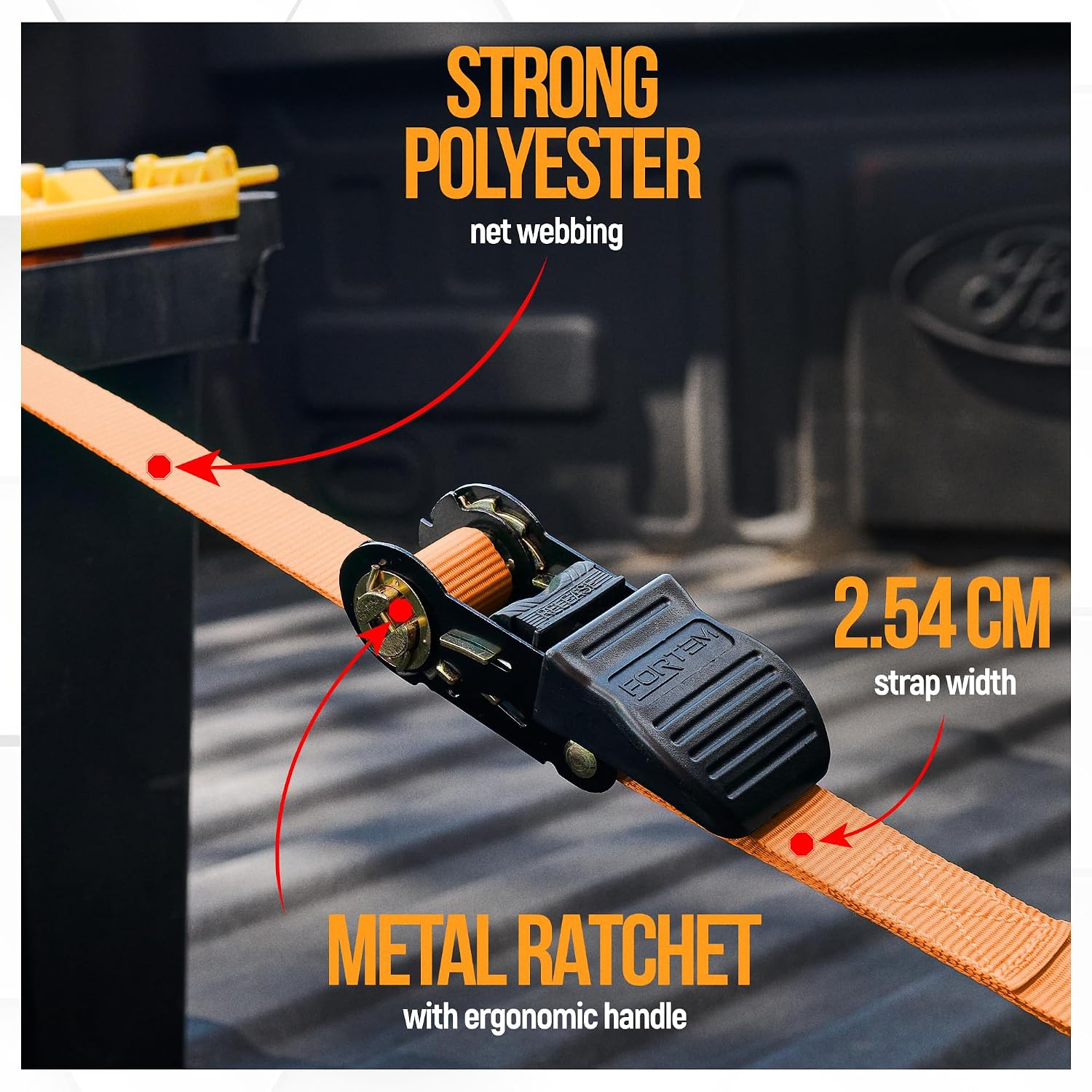 Thumbnail 1 de FORTEM Ratchet Straps 748kg Break Strength, 4 Pack (4.6m x 2.54cm) with Soft Loops and Carry Bag