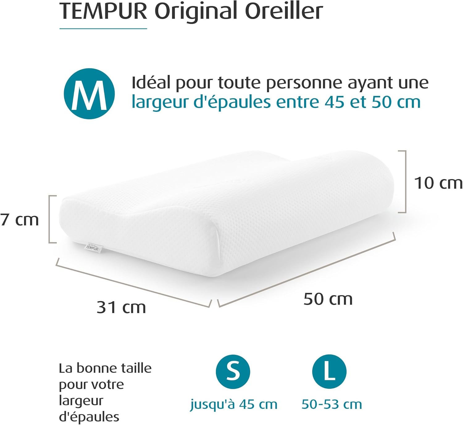 Thumbnail 1 de TEMPUR Oreiller ergonomique pour dormir sur le côté et sur le dos – mousse viscoélastique à mémoire de forme, blanc (M)