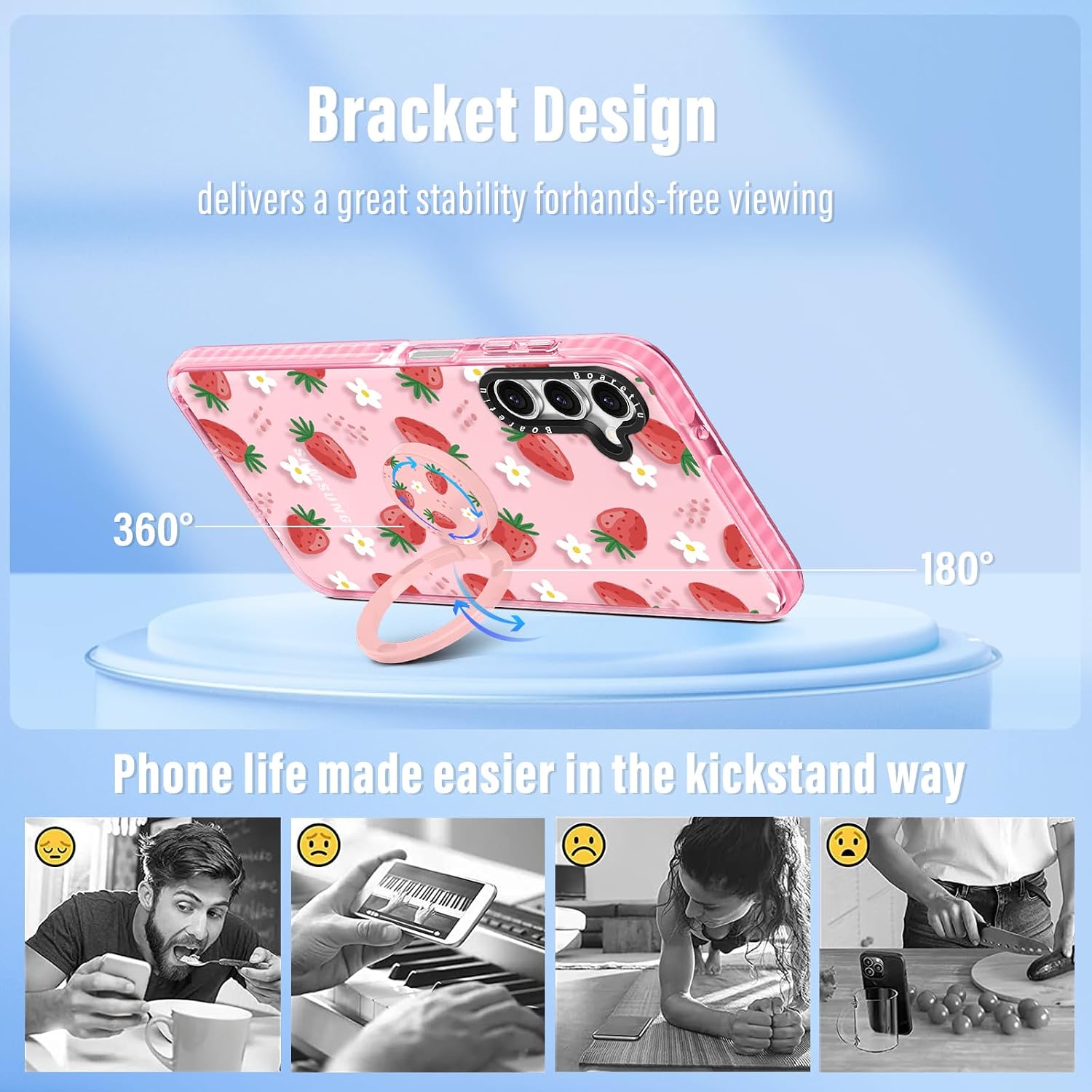 Detalle de Boaretiu Galaxy A14 5G Strawberry Case with 360° Ring Kickstand