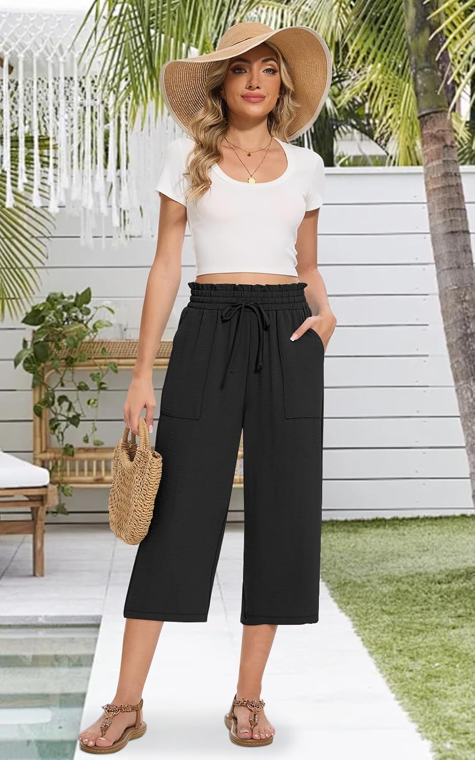 Detalle de MLXSJ Women's Capri Pants: Summer Wide-Leg, High-Waisted with Pockets