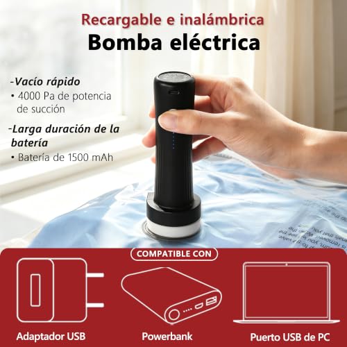 Detalle 2 de SUOCO Bolsas de vacío para ropa viaje con bomba eléctrica inalámbrica (18 uds)