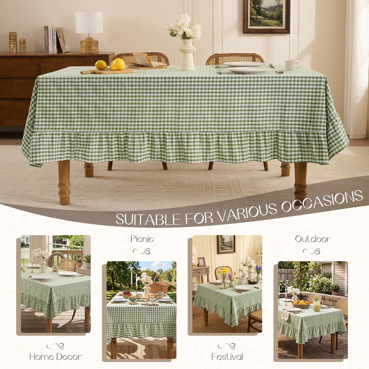 Detalle 2 de Romanstile Gingham Ruffled Tablecloth Rectangle - Sage Green, Waterproof Linen Cotton Checkered, 60 x 84 Inch