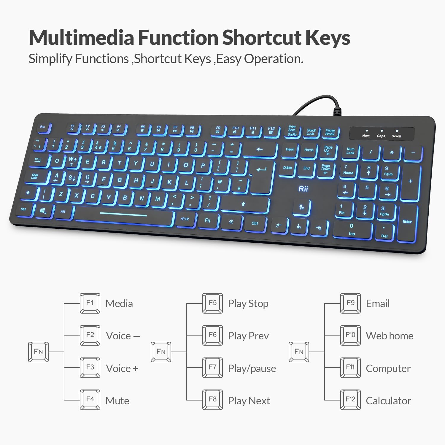 Detalle de Rii RK105 wired keyboard and mouse bundle with three-colour backlight (UK layout)
