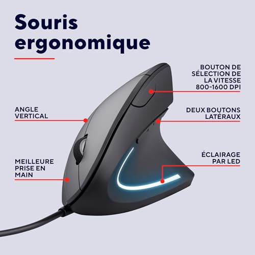 Detalle 2 de Trust Verto Souris Verticale Ergonomique Filaire 1000–1600 DPI – Noir