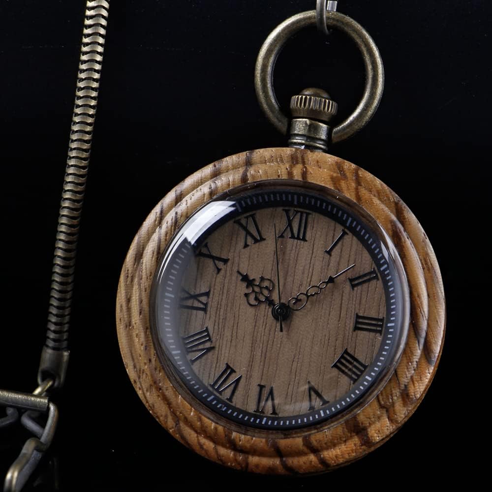 Detalle 2 de Tiong Men's Vintage Bamboo Wood Pocket Watch with Chain – Handmade Retro Quartz