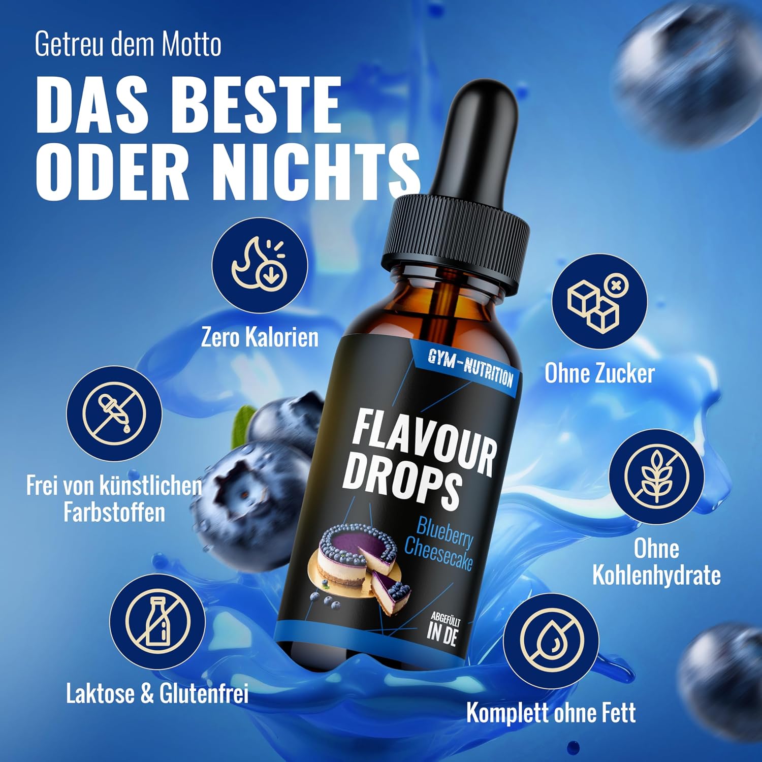 Detalle de Flavour Drops Zuckerfrei Blueberry Cheesecake 50 ml mit Dosierpipette – Gym Nutrition
