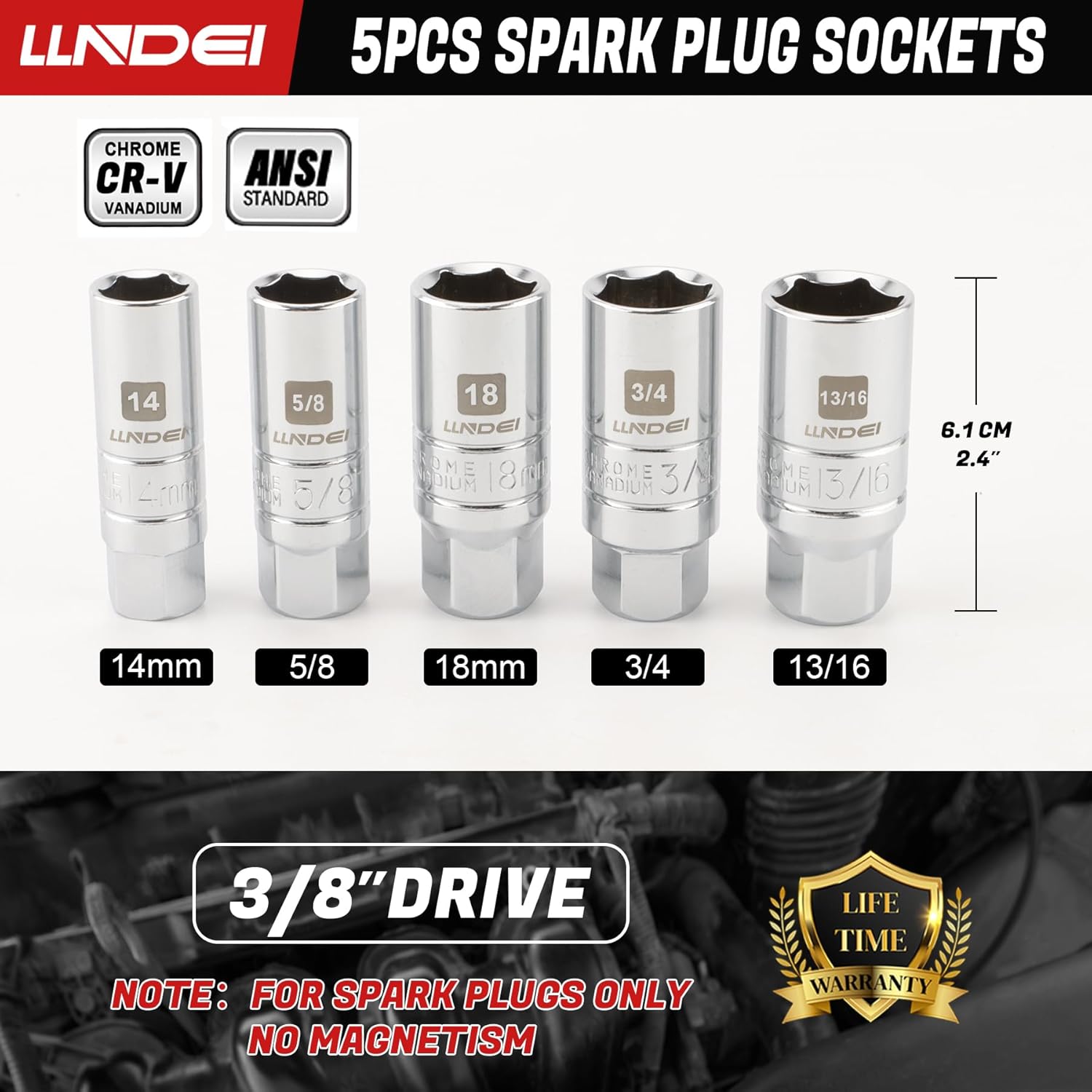 Detalle 2 de LLNDEI 3/8-Inch Drive Spark Plug Sockets Set (7-Piece) – SAE & Metric with Extension Bar and Universal Joint
