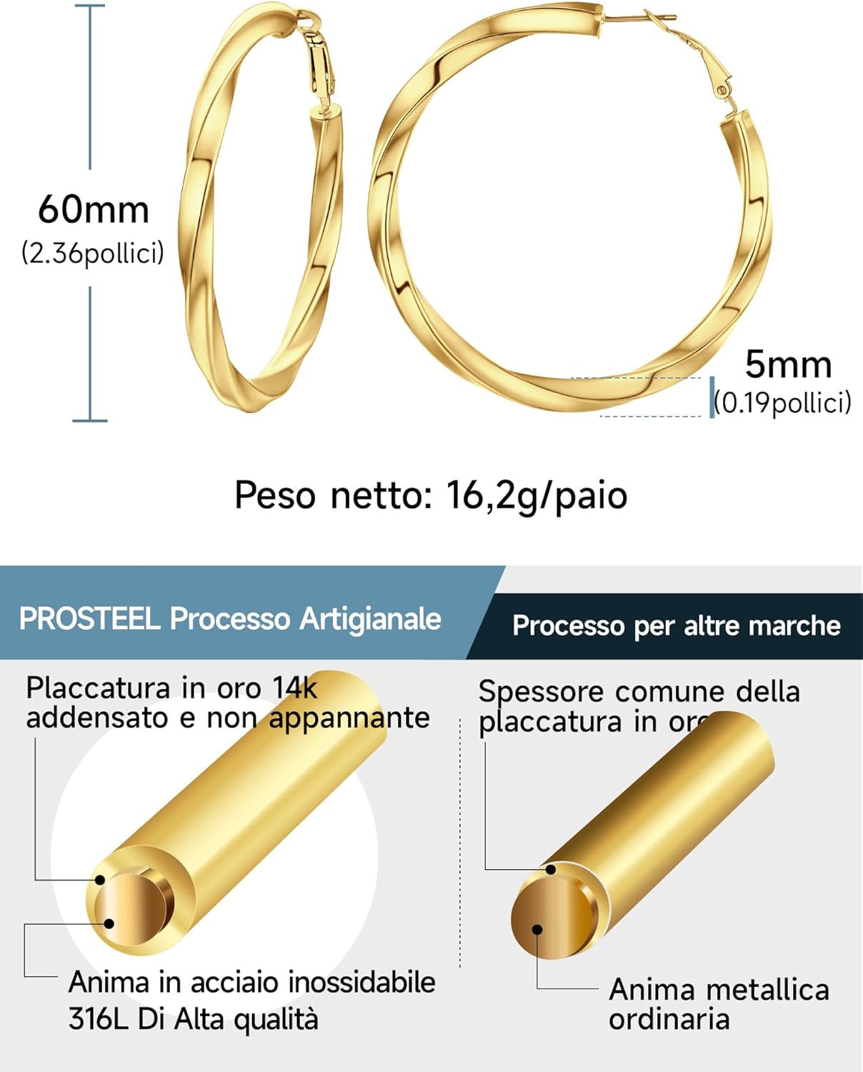 Thumbnail 6 de PROSTEEL Orecchini a Cerchio Vuoto 30/40/60/80 mm – Oversize Y2K con colonna di torsione