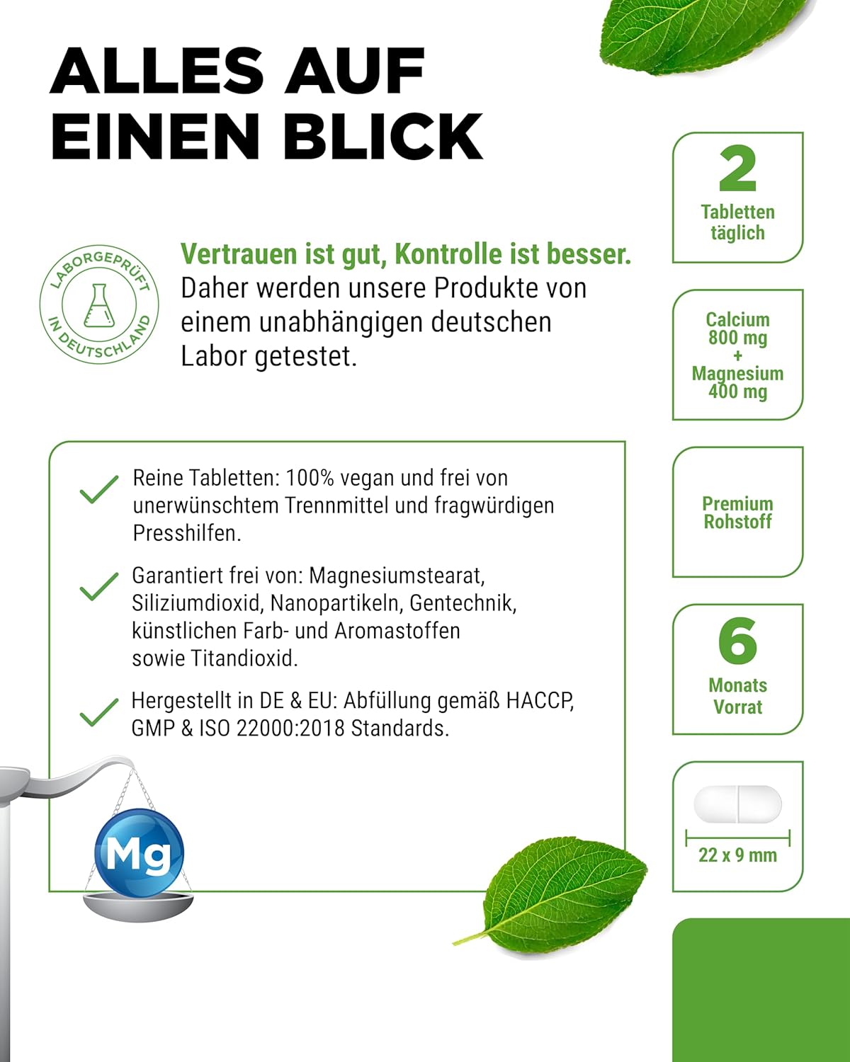 Detalle 2 de Calcium 800 mg + Magnesium 400 mg (2 Tabletten) - 365 Tabletten - 6 Monatsvorrat - Kalzium + Magnesium-Komplex im 2:1 Verhältnis - Vegan - Hochdosiert
Calcium 800 mg + Magnesium 400 mg (2 Ta…