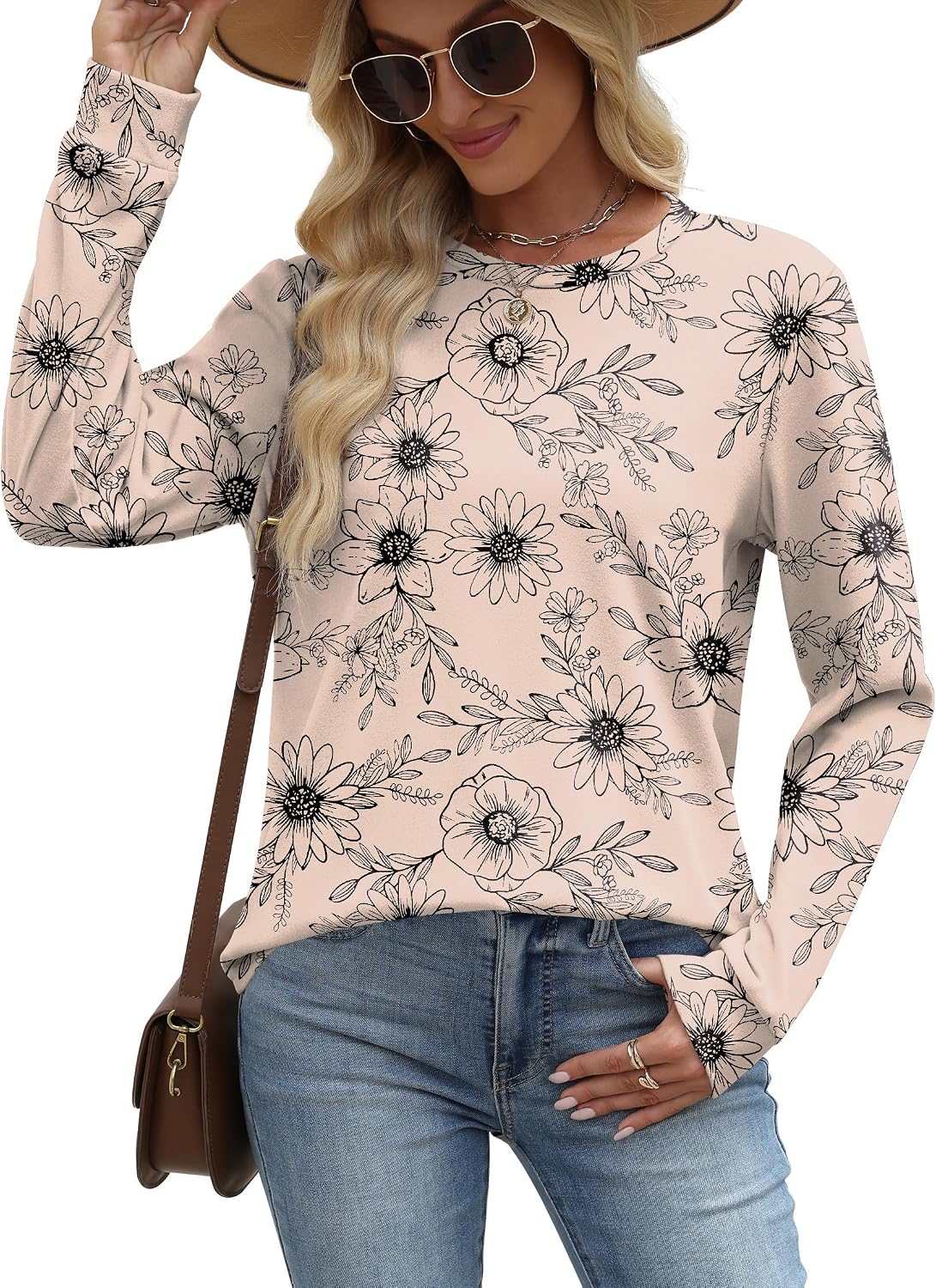 Detalle 2 de WIHOLL women’s curved hem crewneck long sleeve sweatshirt jumper tops (lightweight)