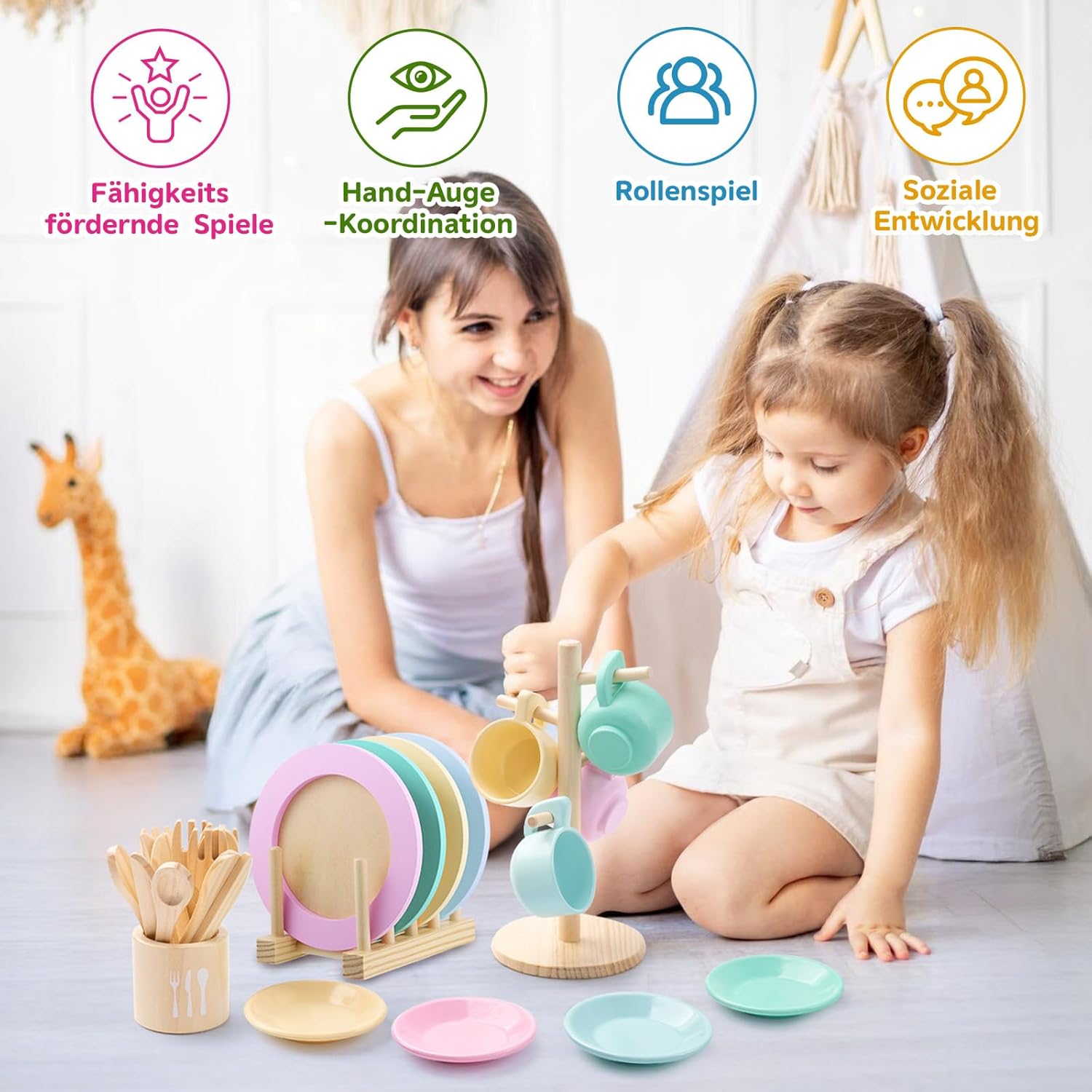 Thumbnail 5 de GAGAKU Holzspielzeug Kinderküche Geschirr-Set – 27-teiliges Montessori Teeservice aus Holz (Neueste Ausführung)