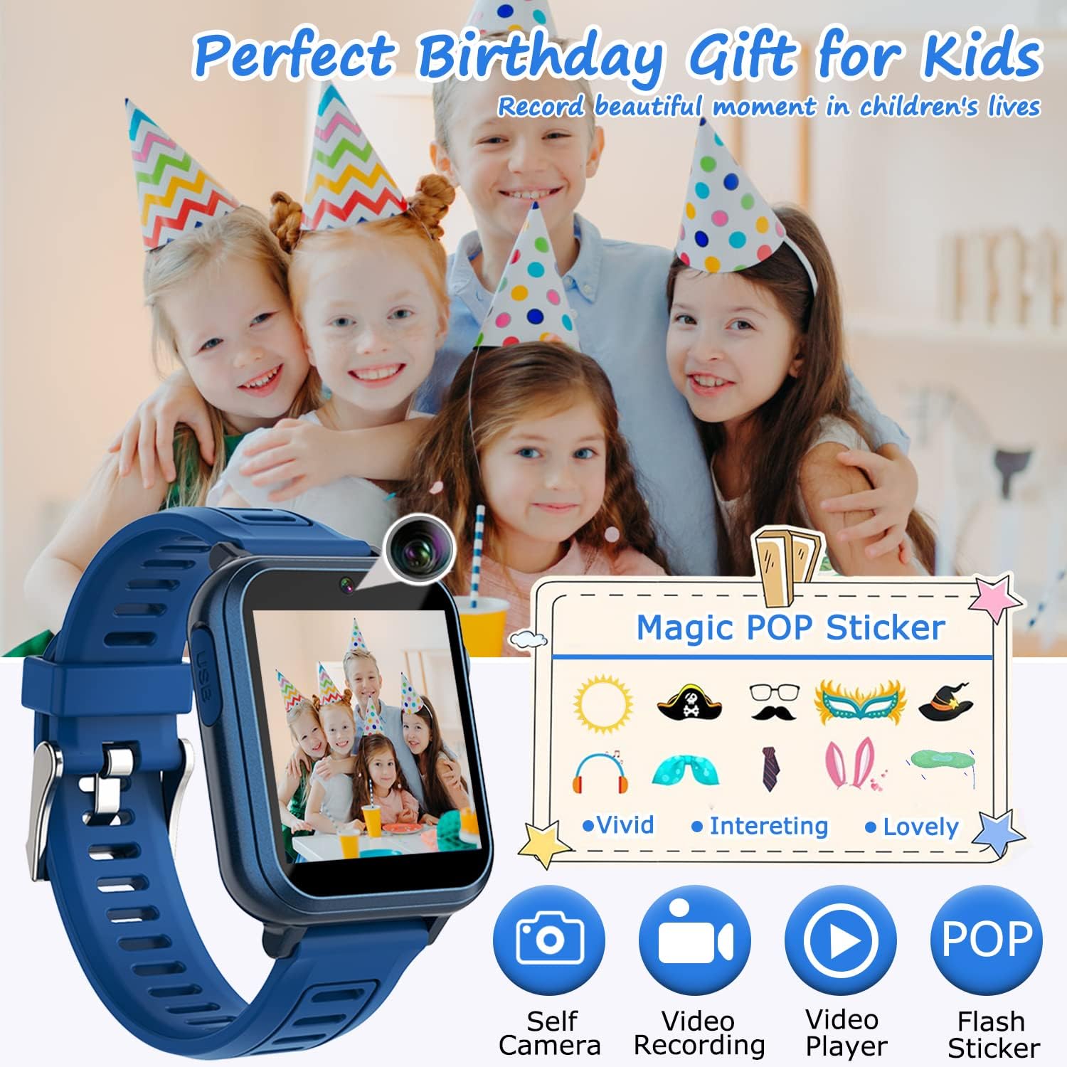 Detalle de Wiszodet S16 Kids Smartwatch with 39 Games, HD Touchscreen, Camera & Music