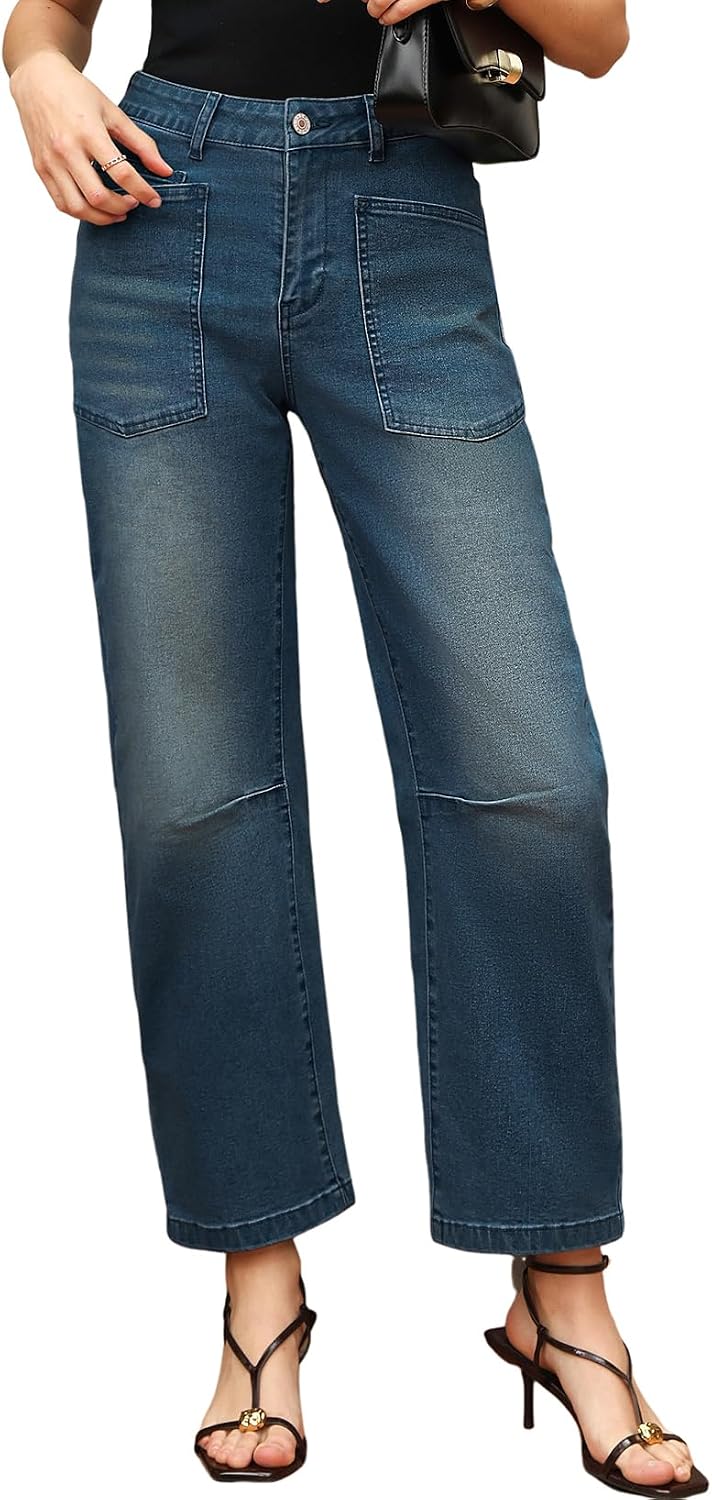 Detalle 2 de EVALESS Barrel-Leg Jeans, High-Waisted Stretch Denim, Relaxed Cropped Fit