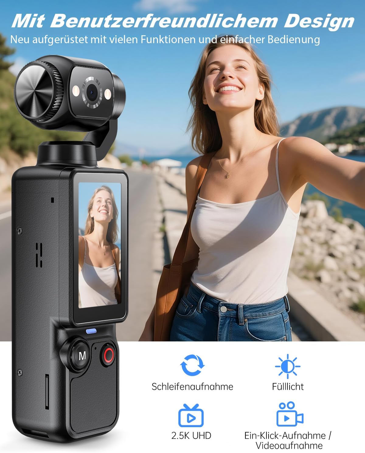 Detalle 2 de W & O Vlog Kamera mit 180° Drehbarem Objektiv – 2,5K Pocket Bodycam mit Audio & Video Aufnahme, 7 Stunden Akku, 32GB Speicher, Schwarz