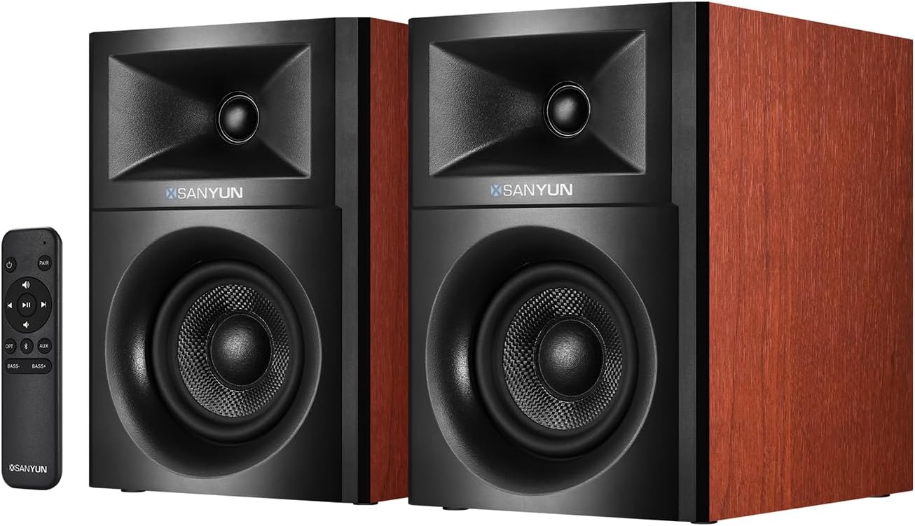Detalle de Sanyun SW205 4" Bookshelf Speakers with Virtual Surround, Dual-Core DAC/DSP & Bluetooth 5.4 (Red)