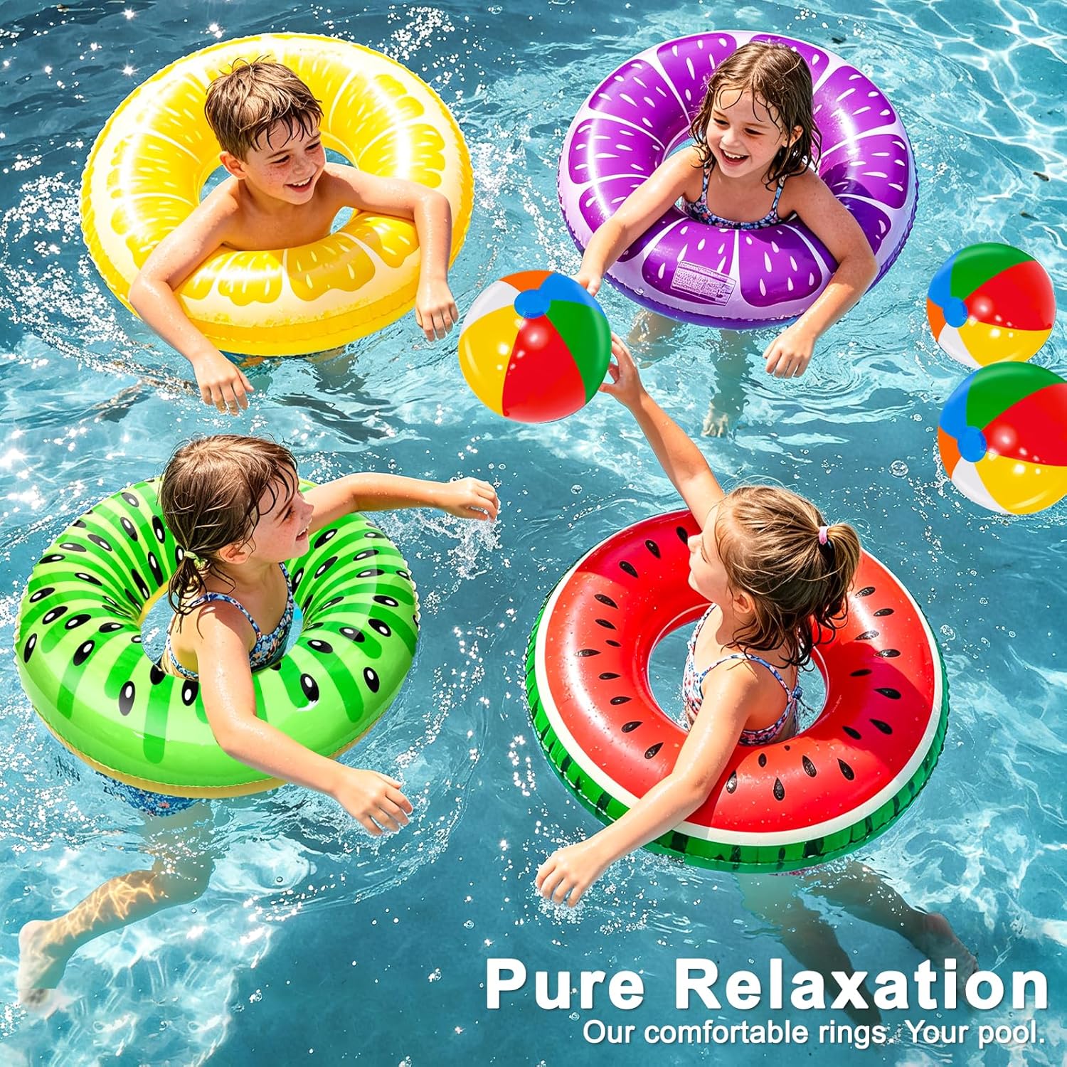 Detalle 2 de 8 Pack Inflatable Pool Floats with Fruit Shapes and Rainbow Beach Balls