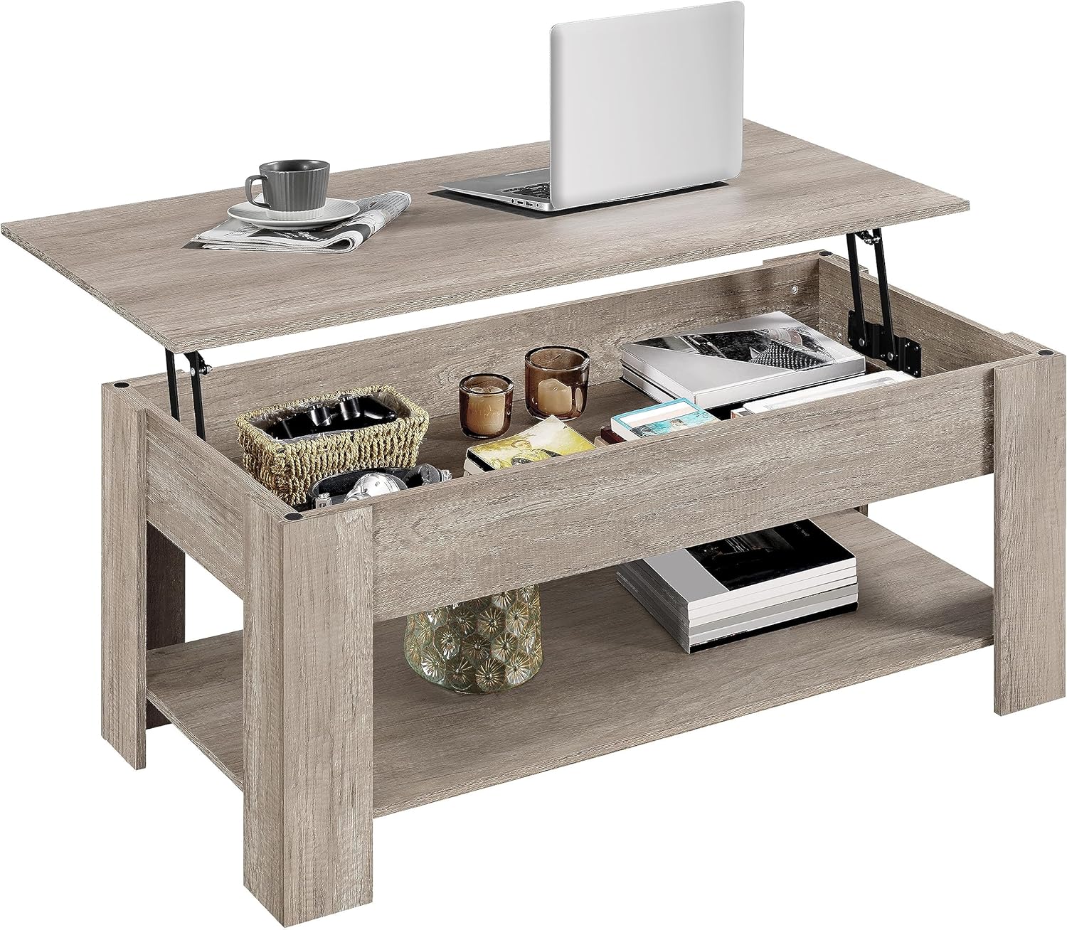Detalle de Yaheetech mesa centro elevable con estante gris 120x59 cm
