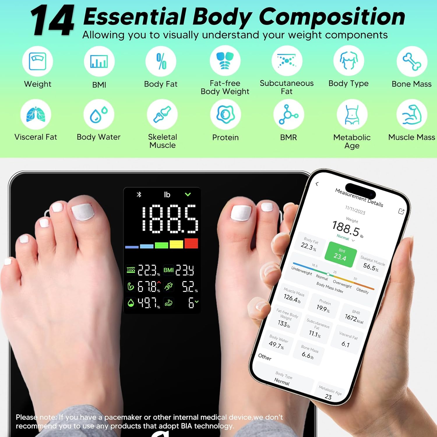 Thumbnail 1 de arboleaf Personenwaage: Digitale Körperfettwaage mit App-Anbindung, Großes LED-Display und präzisen Messwerten
