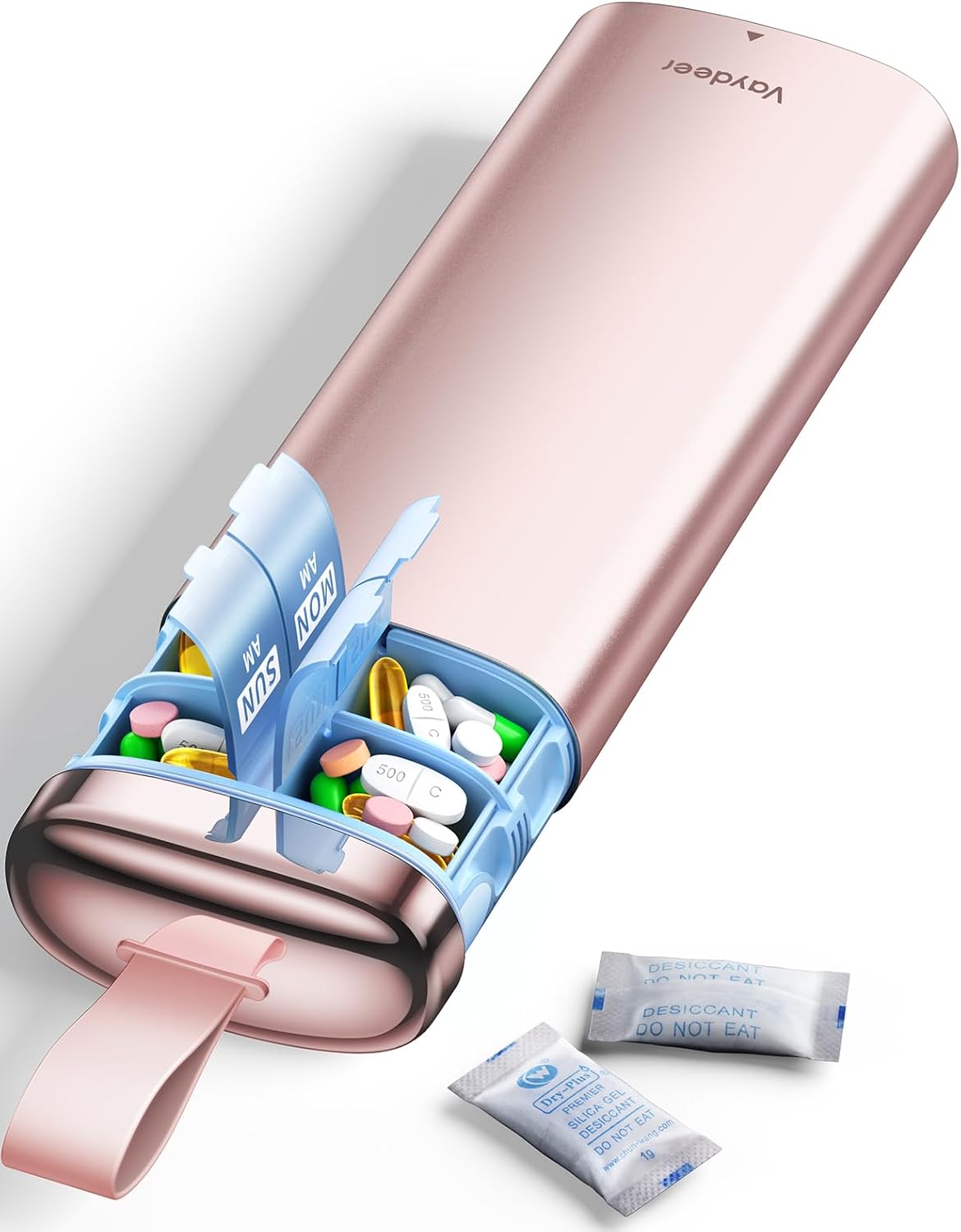 Detalle de Vaydeer Metal Pill Organizer, 7-Day AM/PM Case with Desiccant