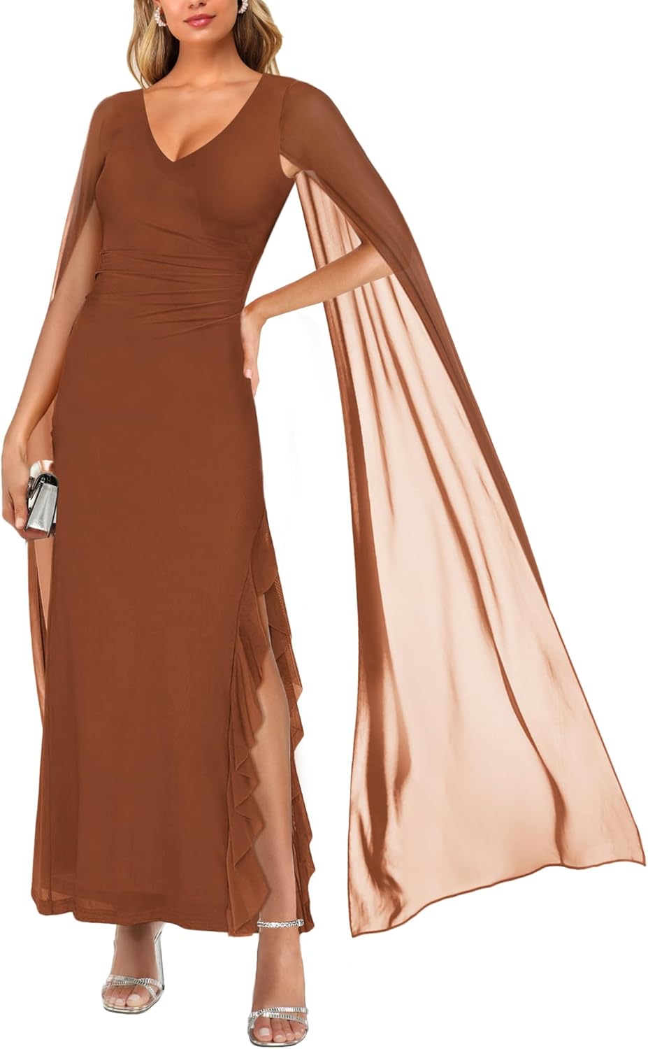 Thumbnail 1 de MAYFASEY Women's V Neck Split Formal Dress with Cape – Mesh Ruched Long Dress